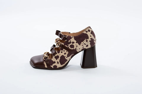 Pantofi din piele cu model animal print, baretă dublă și toc gros