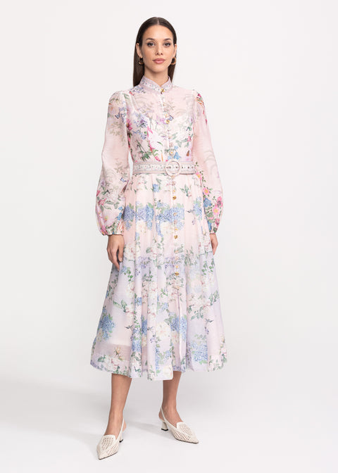 Rochie Midi cu imprimeu floral si curea in talie