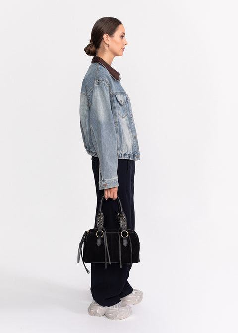 Geaca denim cu guler maro texturat 88296