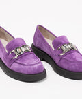 Loafers damă, violet, piele intoarsa, cu accesoriu gri, talpa 3 cm