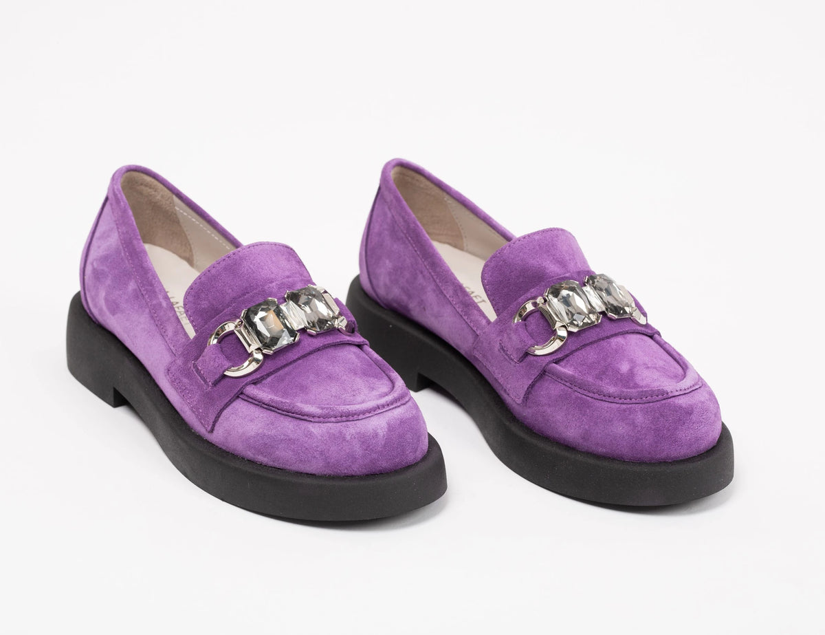 Loafers damă, violet, piele intoarsa, cu accesoriu gri, talpa 3 cm