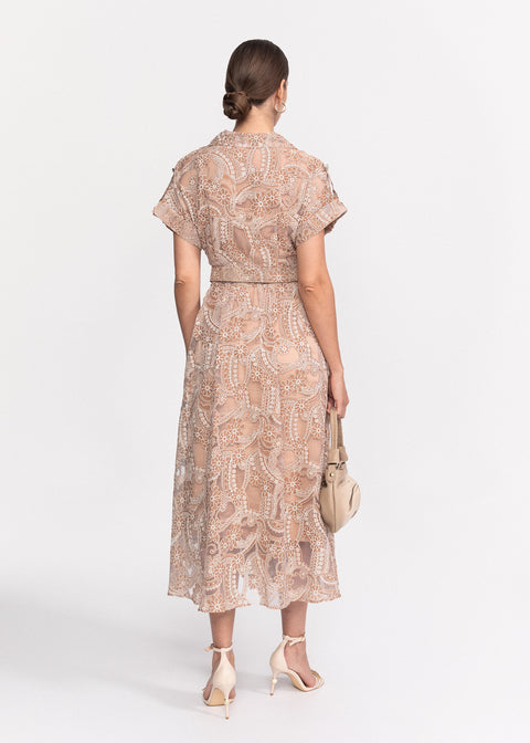 Rochie Midi cu broderie si maneci scurte