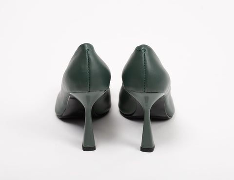 Pantofi damă din piele verde-petrol cu accesoriu auriu, toc 10cm