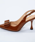 Pantofi maro din lac cu fundă decorativă și toc gros de 8 cm – eleganță retro AnnaLaFaet