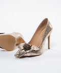 Pantofi din piele naturala,aurii,accesorizati cu floare 3D