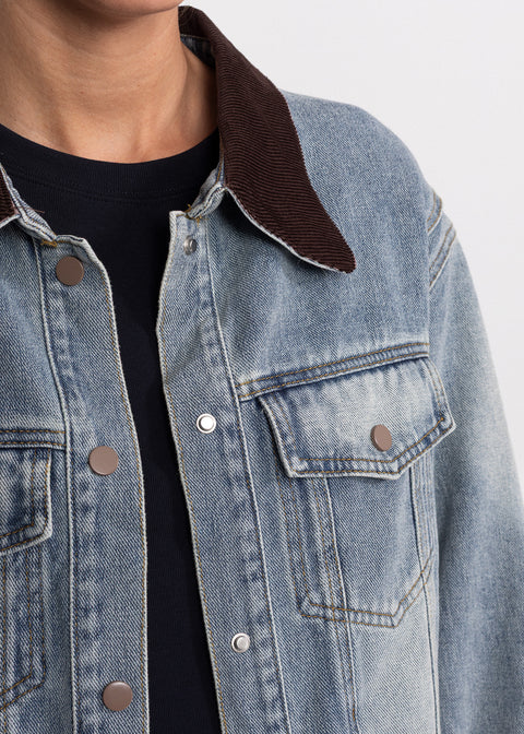 Geaca denim cu guler maro texturat 88296