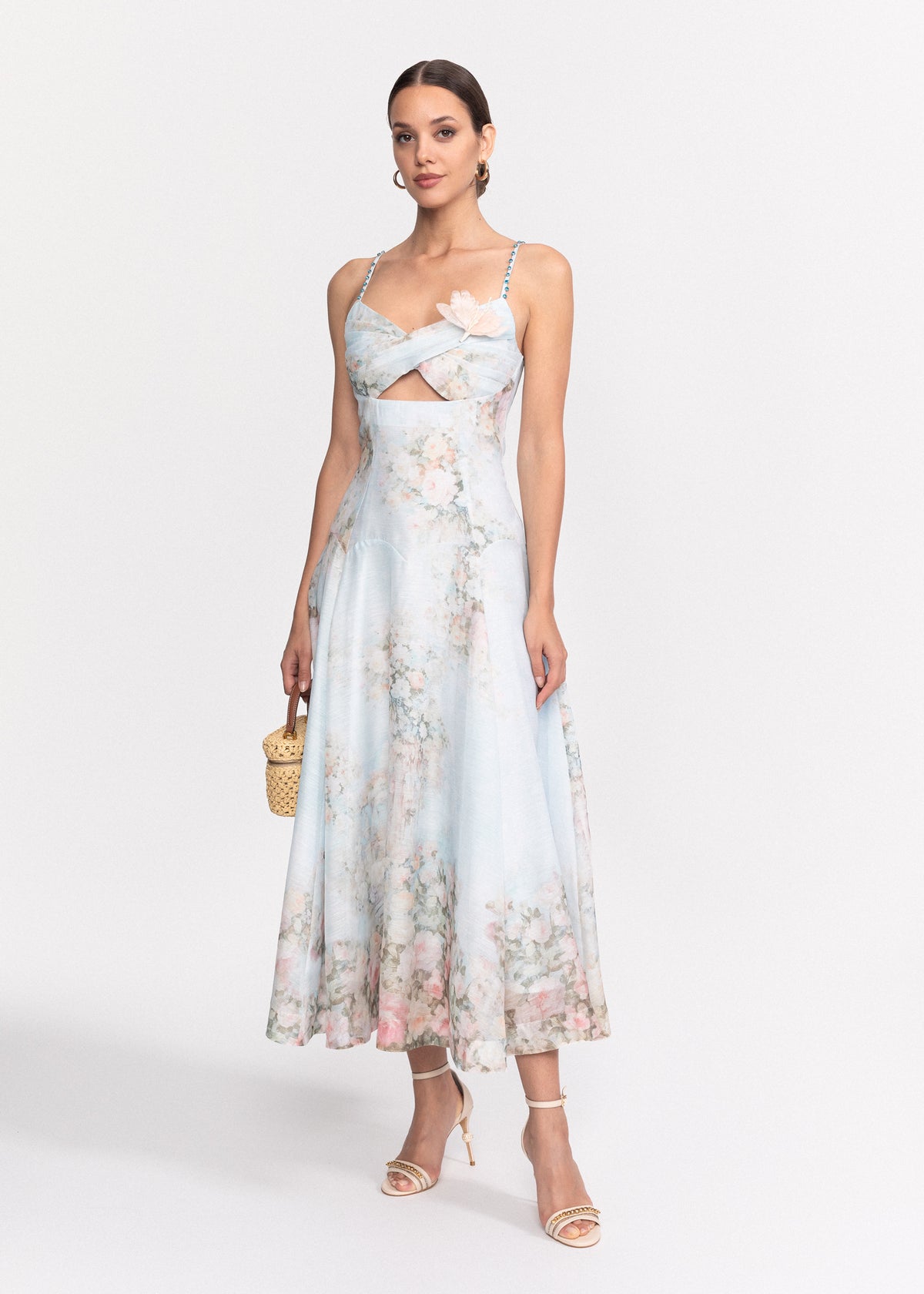 Rochie Midi cu imprimeu floral, decupaj in zona taliei si bretele subtiri