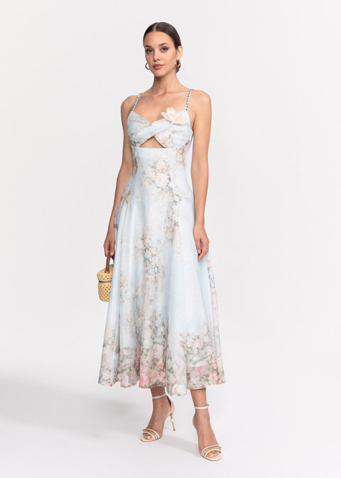 Rochie Midi cu imprimeu floral, decupaj in zona taliei si bretele subtiri