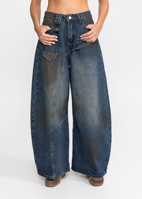 Blugi din denim cu croiala larga si talie inalta 5011