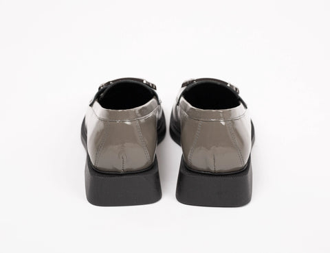 Balerini damă, gri din piele lăcuită, piele naturală interior exterior accesoriu metal cu 2 cristale