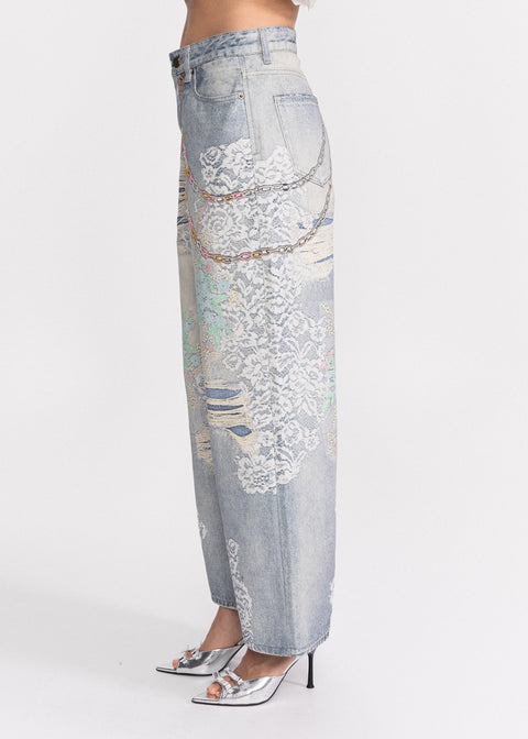 Blugi wide leg cu dantela imprimata