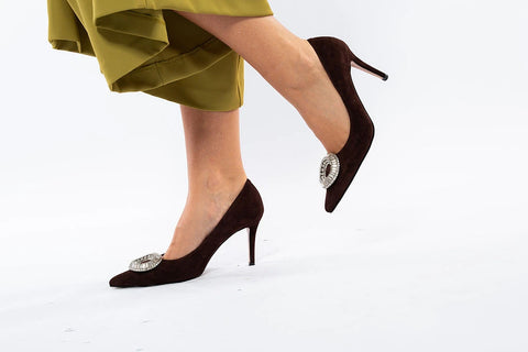 Pantofi stiletto din piele întoarsă cu aplicație de cristale