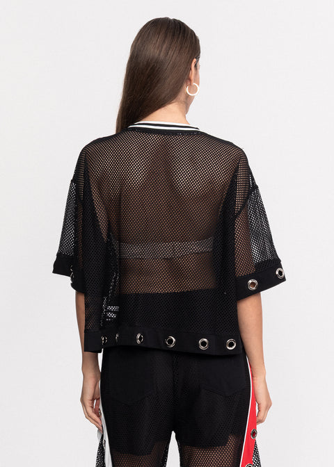 Tricou Cherish din plasa cu decolteu in V si inele metalice