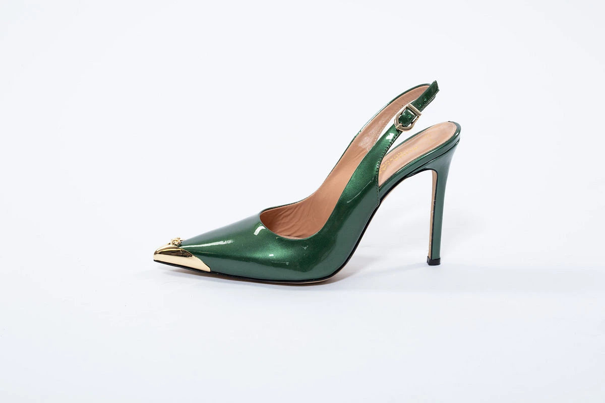 Pantofi verde lac cu vârf metalic auriu și toc subțire de 10 cm – eleganță distinctă AnnaLaFaet