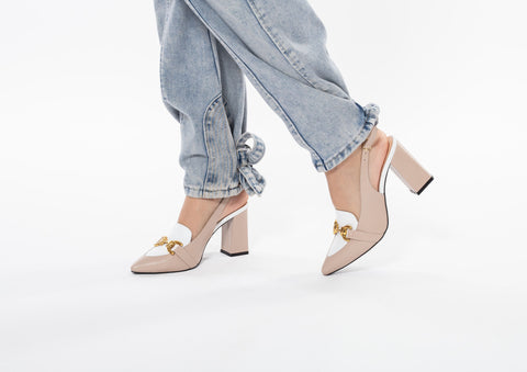 Pantofi din piele naturală nud cu alb accesoriu metal