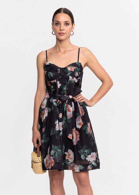 Rochie Scurta cu imprimeu floral, bretele subtiri si cordon pentru talie