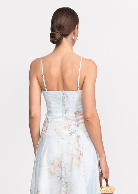 Rochie Midi cu imprimeu floral, decupaj in zona taliei si bretele subtiri