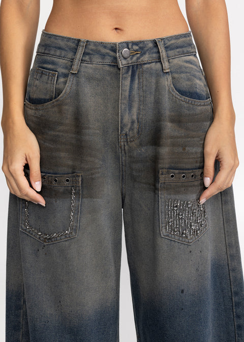 Blugi din denim cu buzunare decorate