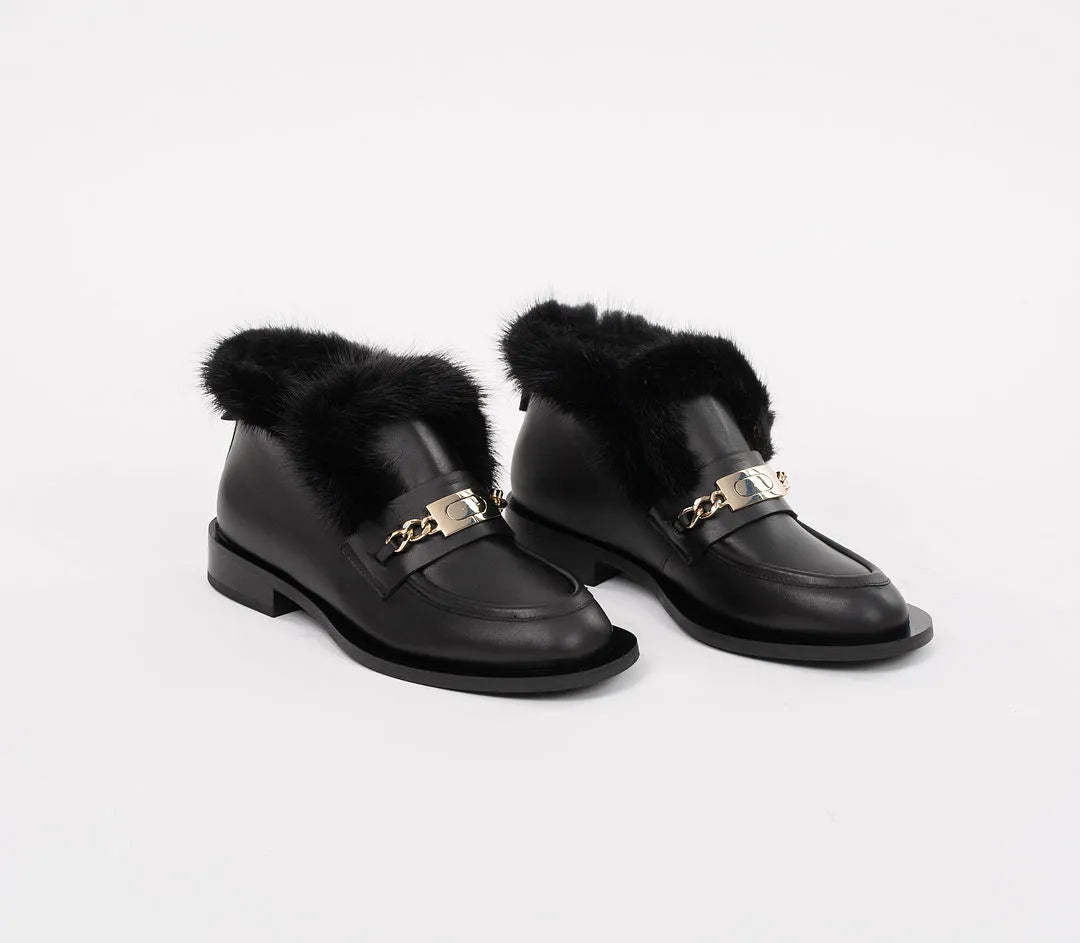 Ghete din piele naturală birfurate cu vison accesoriu auriu