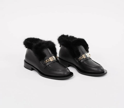 Ghete din piele naturală birfurate cu vison accesoriu auriu