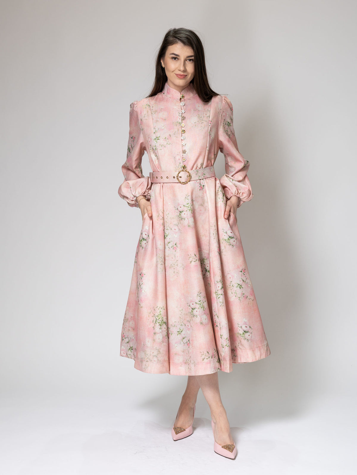 Rochie Midi roz pastel cu imprimeu floral