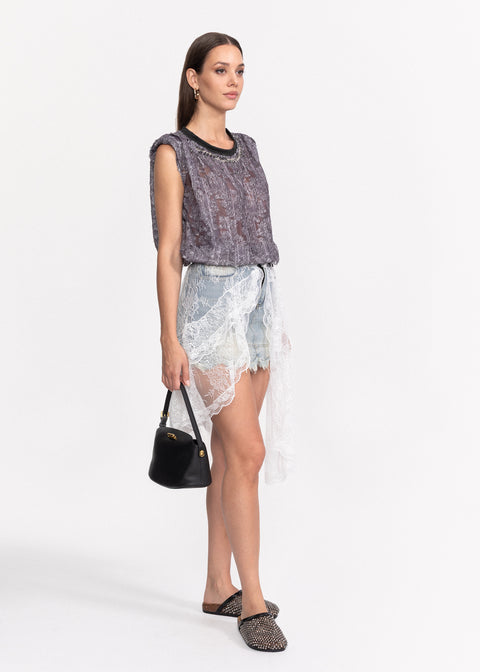 Fusta casual denim cu aplicatie din dantela