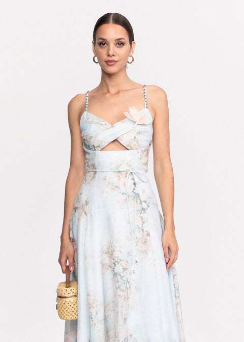 Rochie Midi cu imprimeu floral, decupaj in zona taliei si bretele subtiri