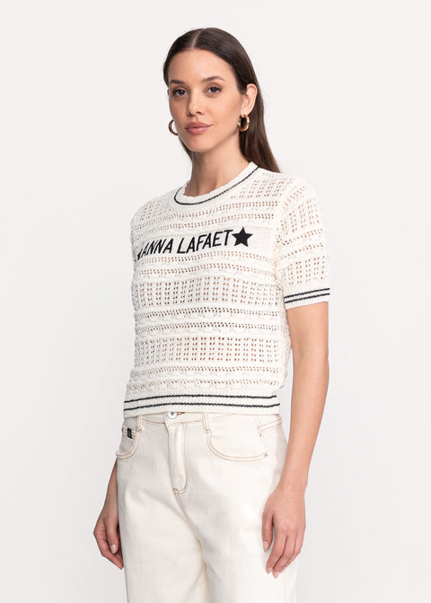 Open-Knit Short-Sleeve Top with Logo