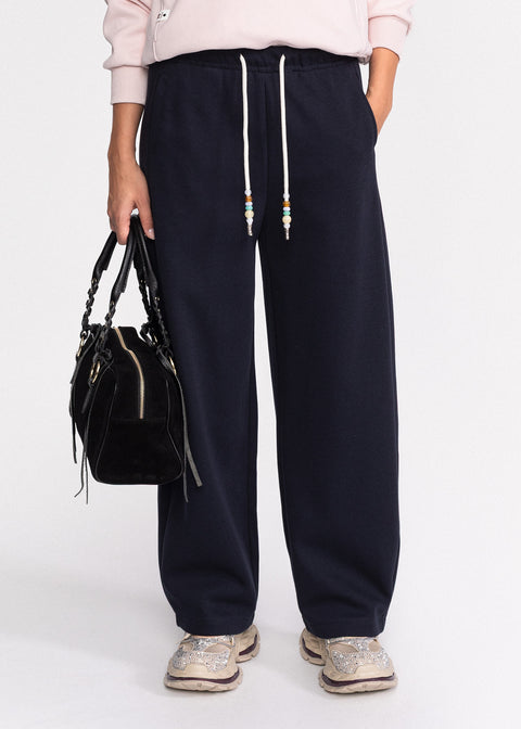 Pantaloni din bumbac cu talie elastica si snur decorat cu margele 8507