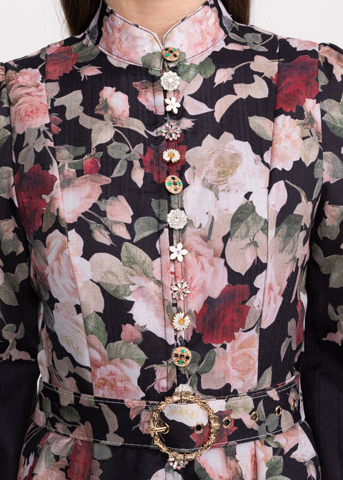 Rochie cu imprimeu floral si nasturi decorativi