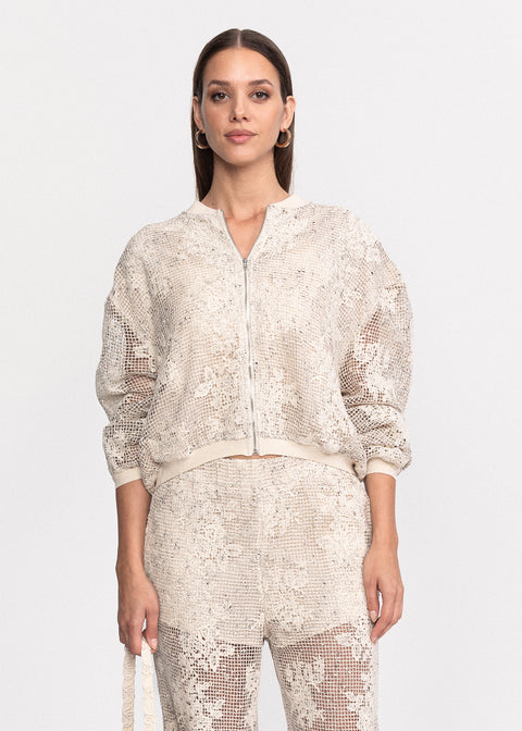 Costum cu model floral brodat format din jacheta si pantaloni cu talie inalta