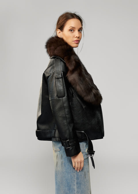 Leather Jacket with Detachable Fur Trim