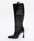 Cizme Înalte Negre din Piele cu Textură Croco