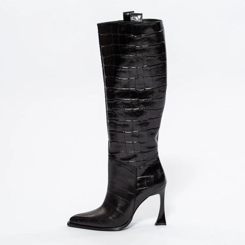 Cizme Înalte Negre din Piele cu Textură Croco