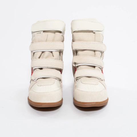 Adidași damă din piele naturală cu platformă ascunsă – Alb crem cu detaliu roșu