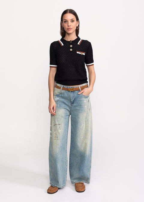 Wide-Leg Jeans with Washed Effect and Paint Details