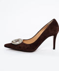Pantofi stiletto din piele întoarsă cu aplicație de cristale