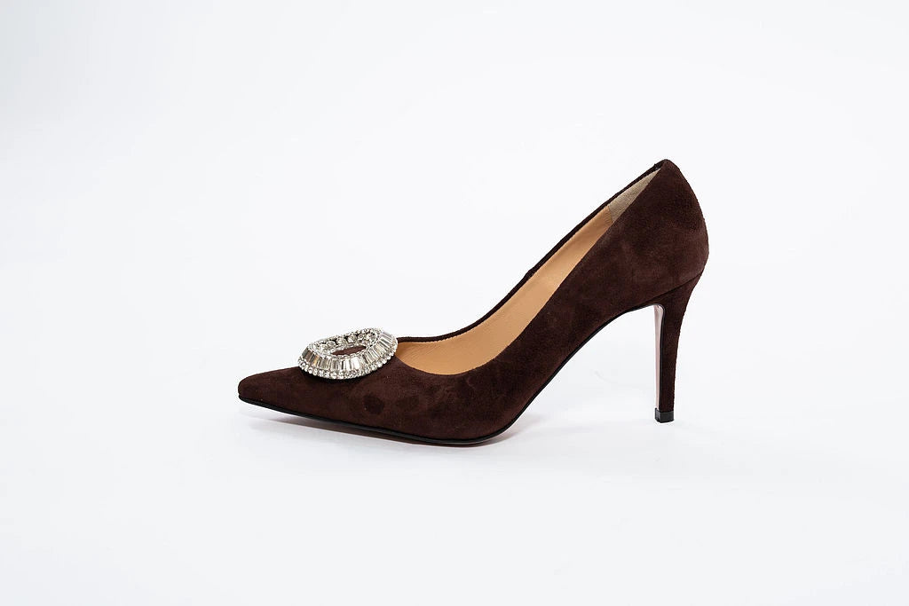 Pantofi stiletto din piele întoarsă cu aplicație de cristale