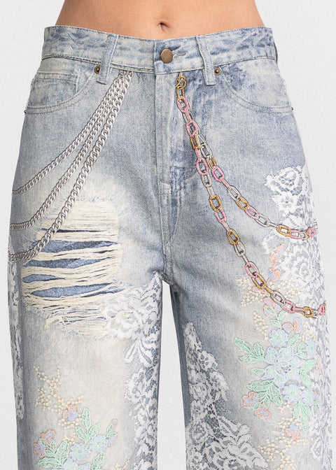 Blugi wide leg cu dantela imprimata