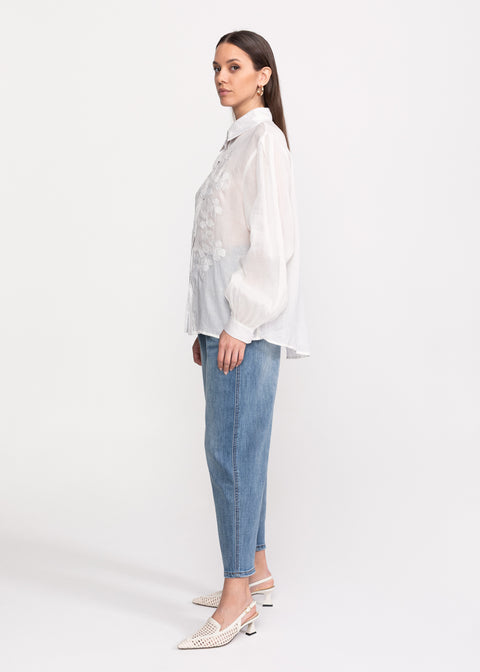 Elegant Linen Shirt with Embroidered Floral Details