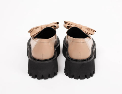 Loafers damă capuccino cu funda, din piele naturală, talpa 5 cm