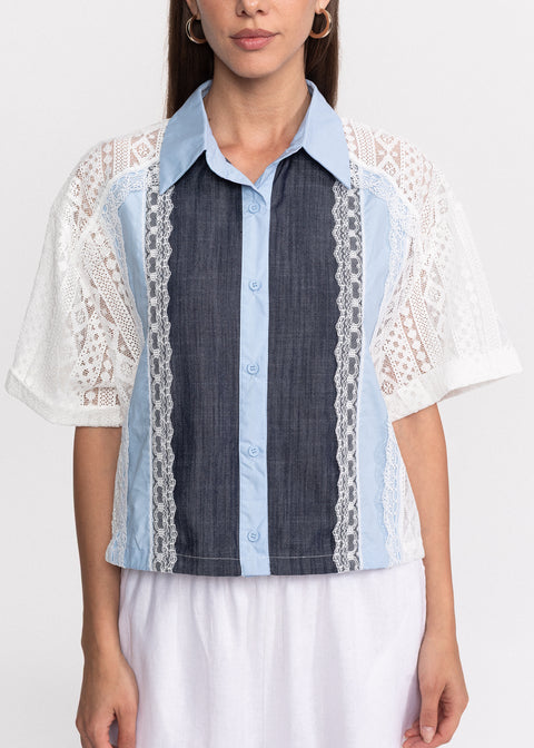 Camasa cu maneci scurte din dantela si insertie frontala din denim