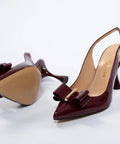 Pantofi maro din lac cu fundă decorativă și toc gros de 8 cm – eleganță retro AnnaLaFaet