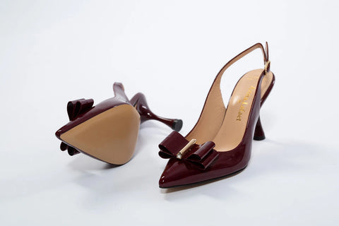 Pantofi maro din lac cu fundă decorativă și toc gros de 8 cm – eleganță retro AnnaLaFaet