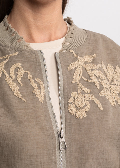 Jacheta bomber cu broderii florale bej