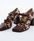 Pantofi din piele cu model animal print, baretă dublă și toc gros