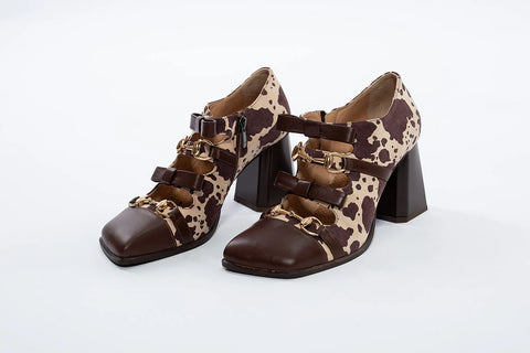 Pantofi din piele cu model animal print, baretă dublă și toc gros