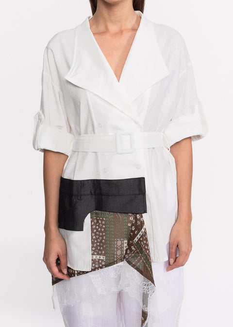 Sacou din in cu esarfa integrata si centura ajustabila la talie