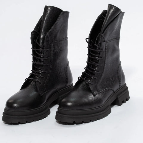 Ghete Tip Combat Negre din Piele Naturală Granulată