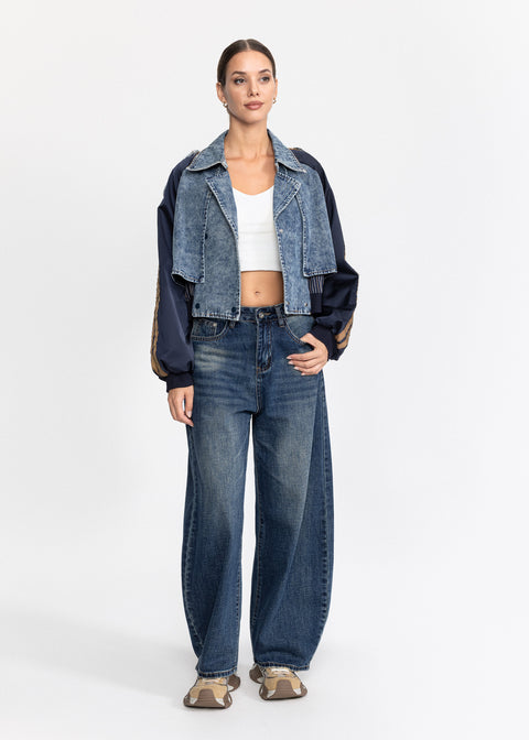 Geaca scurta denim cu maneci contrastante